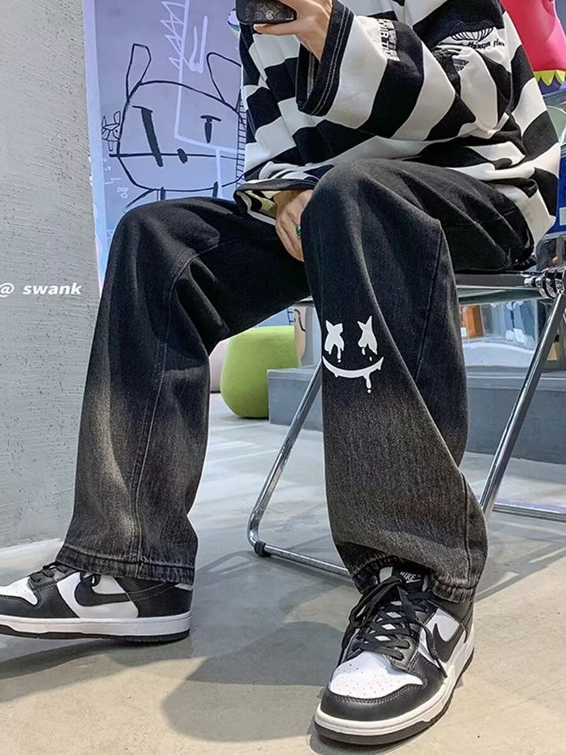 Men'S New Straight Tube Gradient Wash Jeans Loose Light Blue Black Jeans Printed Fashionable Street - Image 3